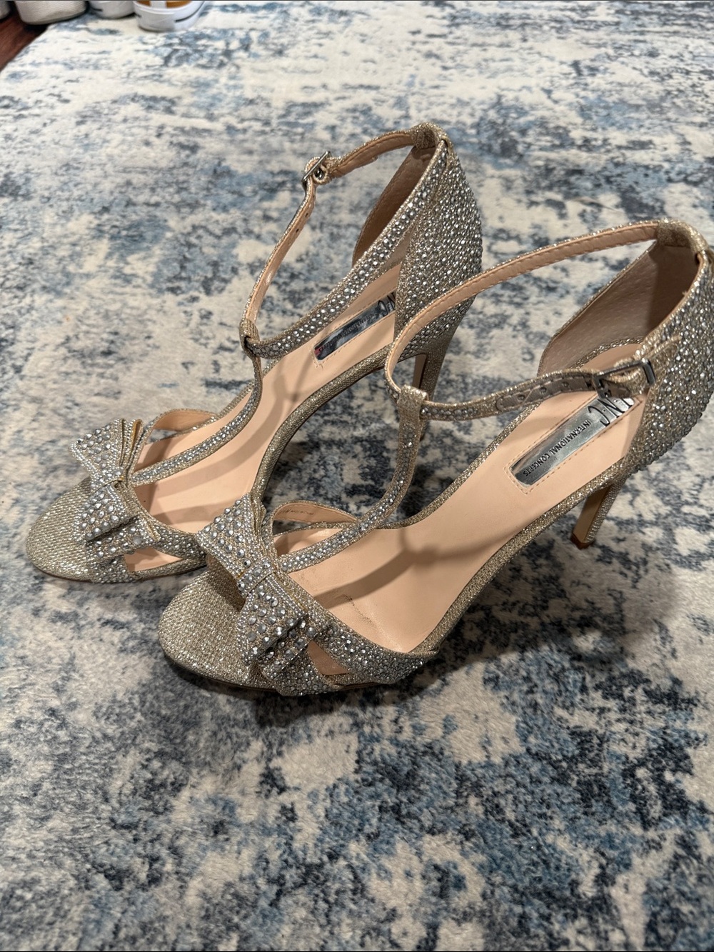 INC International Concepts Silver Crystal T-Strap Heels with Bow Accent